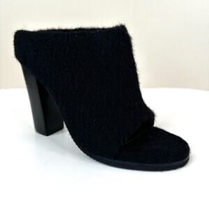 TIbi Leona Mules Womens 37 Black Mohair Furry Open Toe Heeled Clog Booties